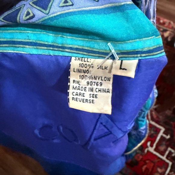 Vintage COACO 100% Silk Bomber Jacket Blue Teal Geometric Print Sz L - Picture 7 of 10